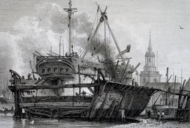 Rotherhithe, das Schwimmdock im Jahr 1815, graviert von J. C. Allen, aus Ansichten auf der Themse veröffentlicht von WB & George Cooke, 1822